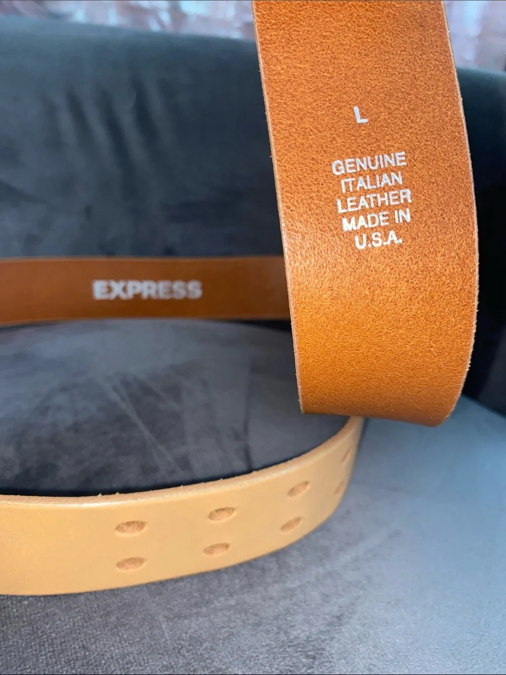 Vintage Express Tan Leather Belt Size L Double Prong Made in USA Y2K Boho Large